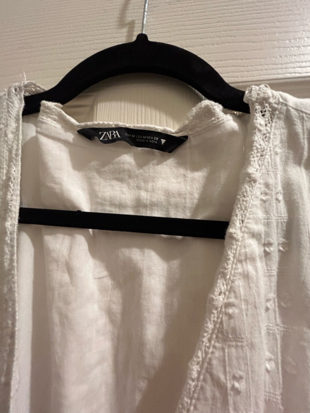 Zara White Cotton Short Sleeve Mini Dress Lace Trim - Picture 4 of 11